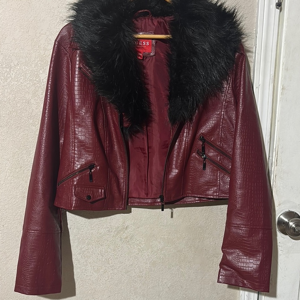 Guess Women's Burgundy Faux Leather Jacket with Black Fur Collar